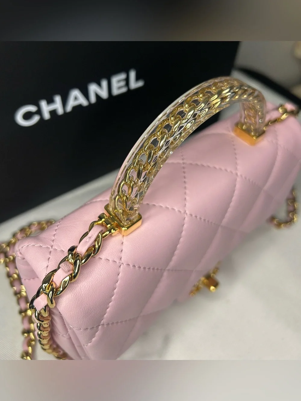NEW! CHANEL 24S Mini Top Handle Flap Bag Quilted Lambskin Rose Light Pink